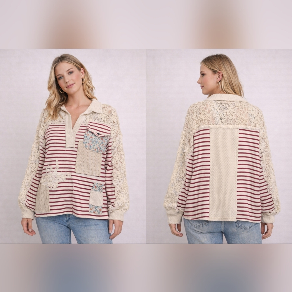 POL Lace Patchwork Stripe Pullover – Small (Overs… - image 6